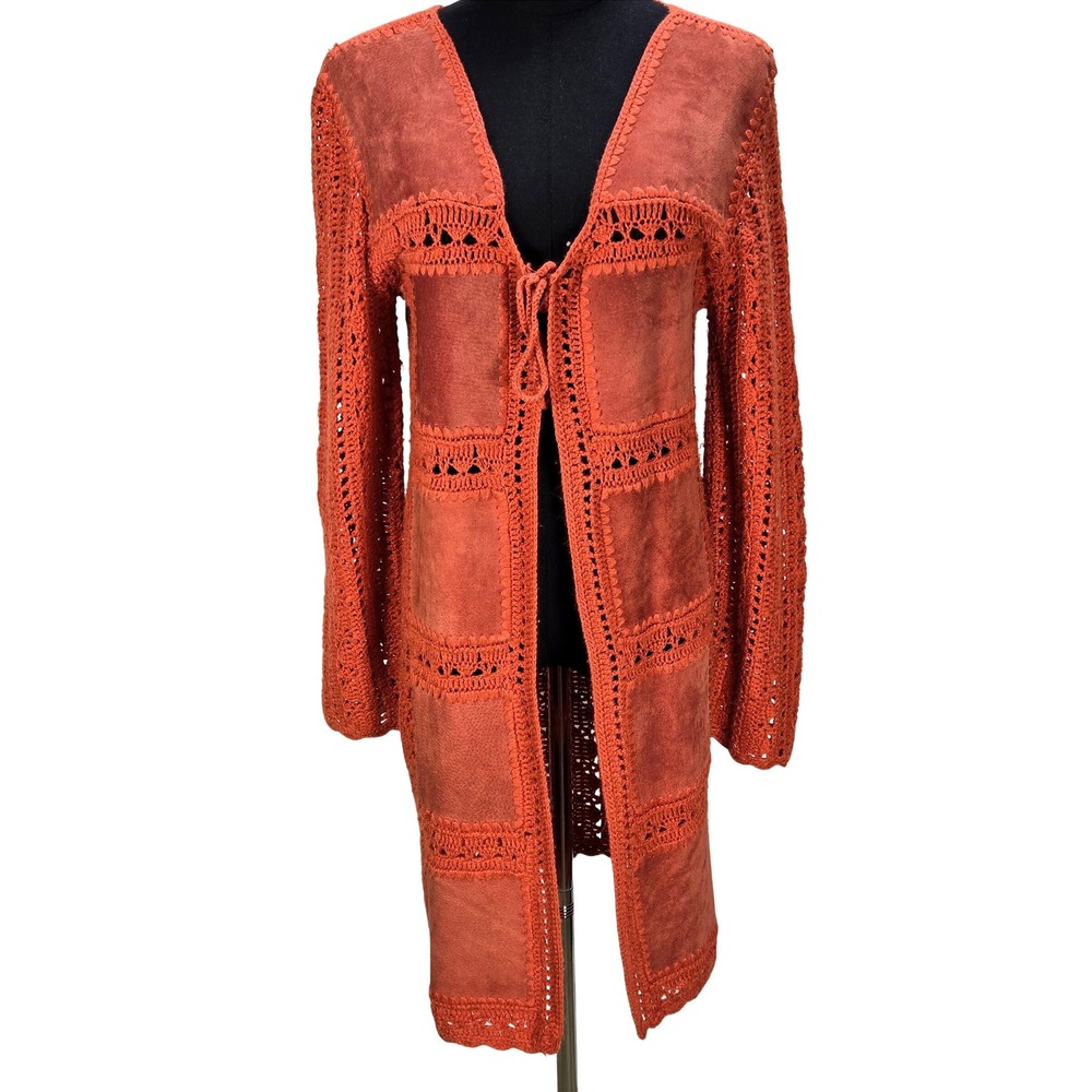 Women's VTG Medium Suede Leather Crochet Longline Boho Cardigan Robert Louis
